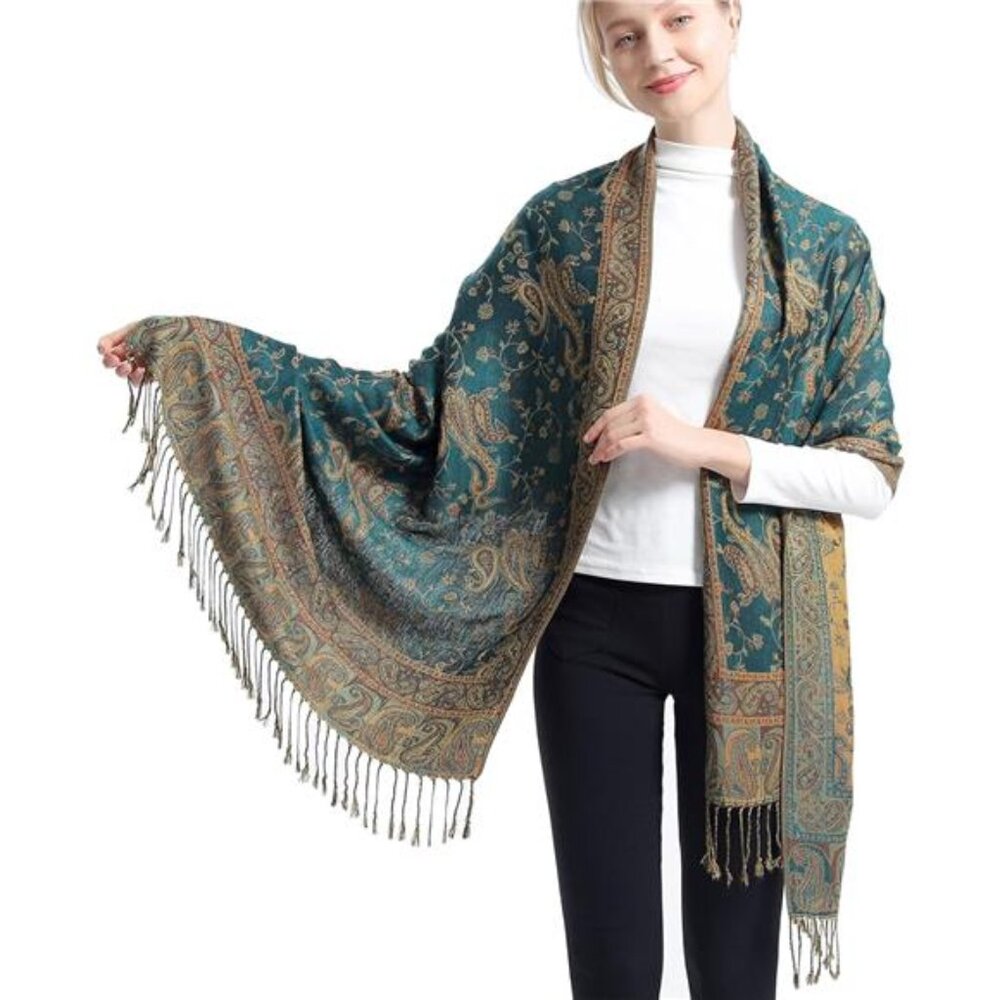 Two Tone Silky Paisley Pashmina Shawl Scarf,Soft Women's Rave Jacquard